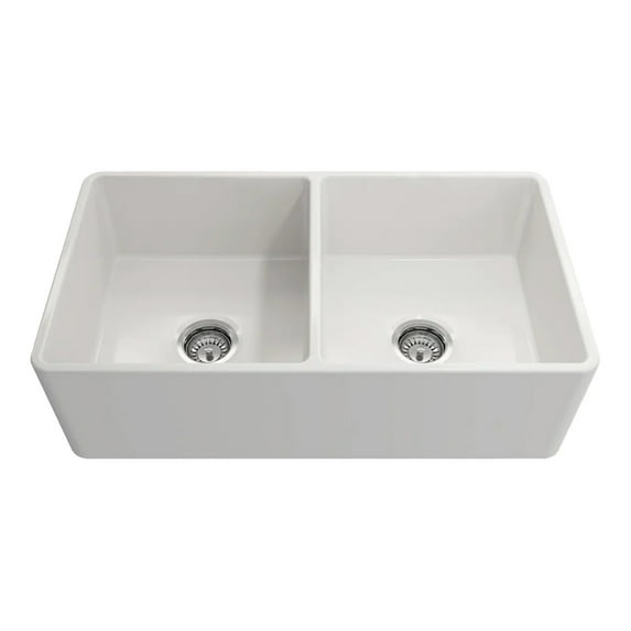 33 x 18 Inch Crestwood Farmhouse Sink, White Fireclay Kitchen Sink, Double Bowl Apron Front, Plain Farm Sink