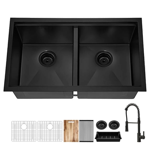33"x 19" Gunmetal Black Undermount Kitchen Sink, 18 Gauge Double Bowl Sink with Faucet & Accessories