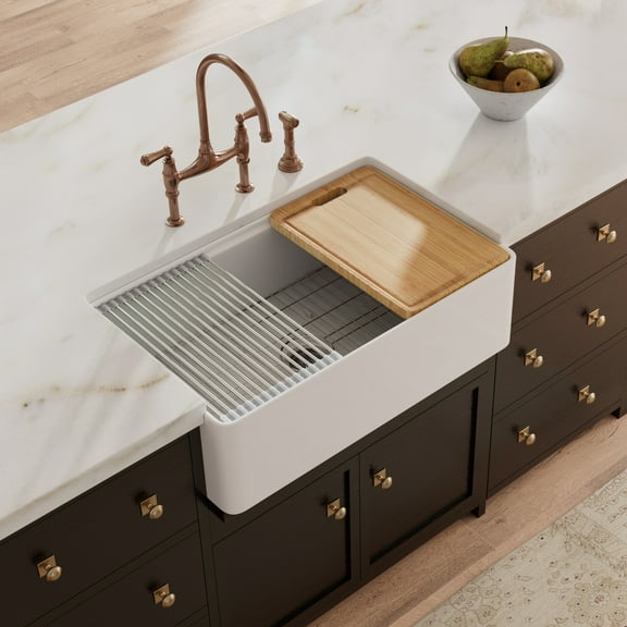 33" x 20" Farmhouse Kitchen Sink Reversible Single Bowl From Fine Fire Clay with Full Accessories