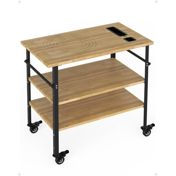 33" x 20" x 35.5" Bamboo Wood Prep Cart Table for Pizza Making, Built-in Pizza Size, Movable & Easy Assembly, Kitchen Island Serving Cart for Restaurant, Kitchen, Home, Outdoor