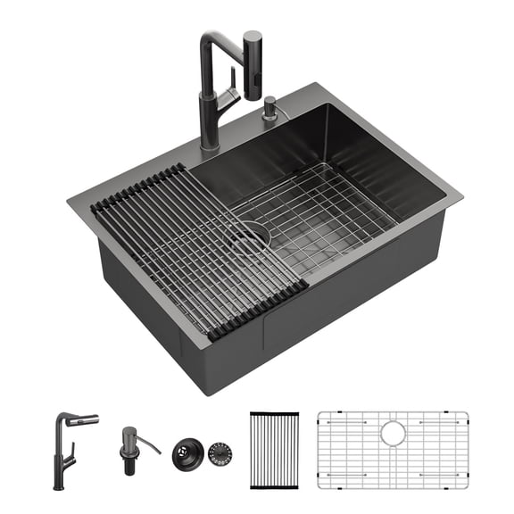 33" x 22" Drop-in Single Bowl 16 Gauge T304 Stainless Stain Kitchen Sink in Gunmetal Black With Pull Out Faucet and Bottom Grid