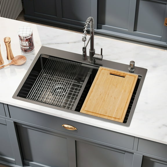 33"x 22" Gunmetal Black Drop-in Kitchen Sink, Double Bowl Handmade Workstation Sink with Accessories