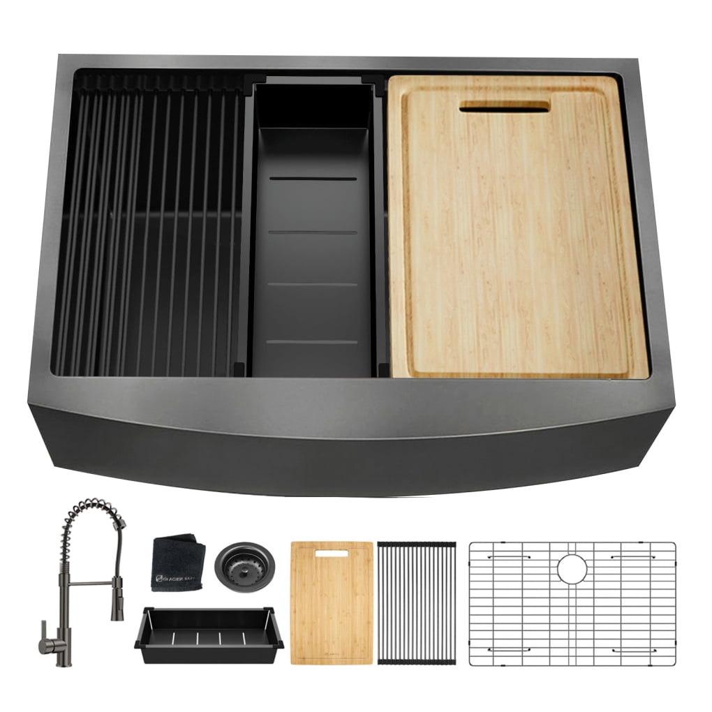 Gunmetal Black Stainless Steel Farmhouse Kitchen Sink with Faucet and Accessories