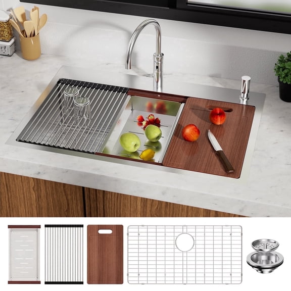 33" x 22" Workstation Kitchen Sink, Stainless Steel Drop-In or Undermount Single Bowl Sinks 18 Gauge Basin with Accessories