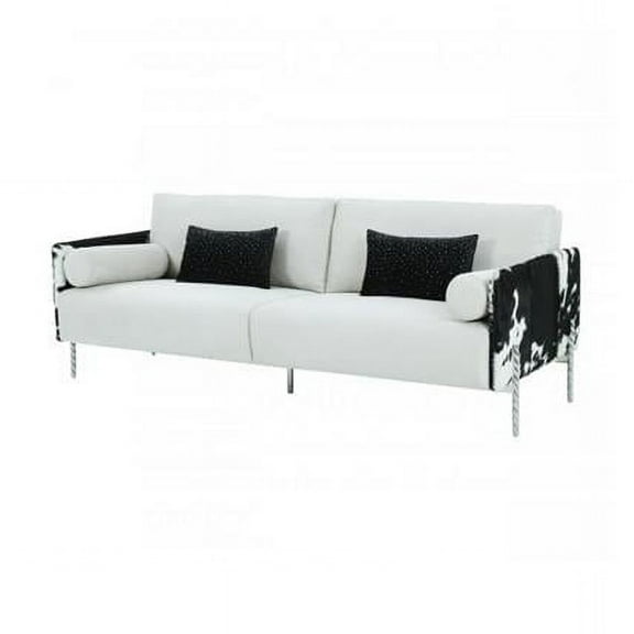 33 x 89 x 37 in. White Faux Cowhide & Silver Sofa