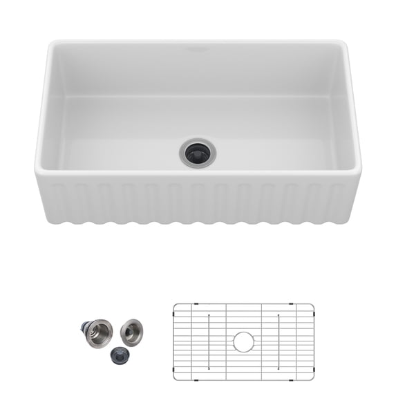 33"x18" Rectangular Fireclay/Creamic Single Bowl Farmhouse Apron Kitchen Sink with Bottom Grid and Drain Strainer