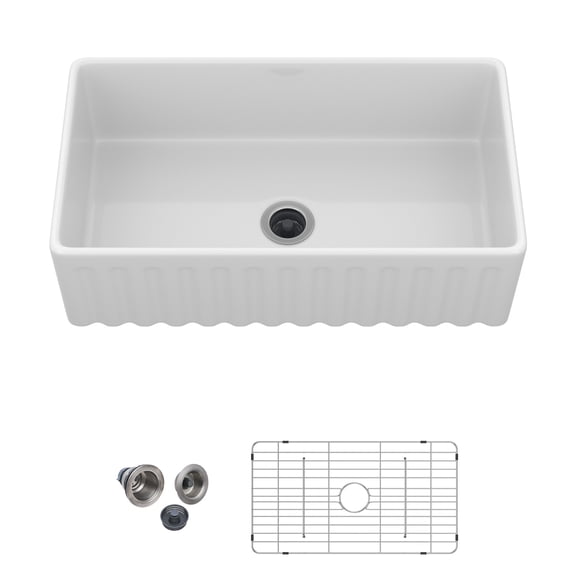 33"x18" Rectangular Fireclay/Creamic Single Bowl Farmhouse Apron Kitchen Sink with Bottom Grid and Drain Strainer