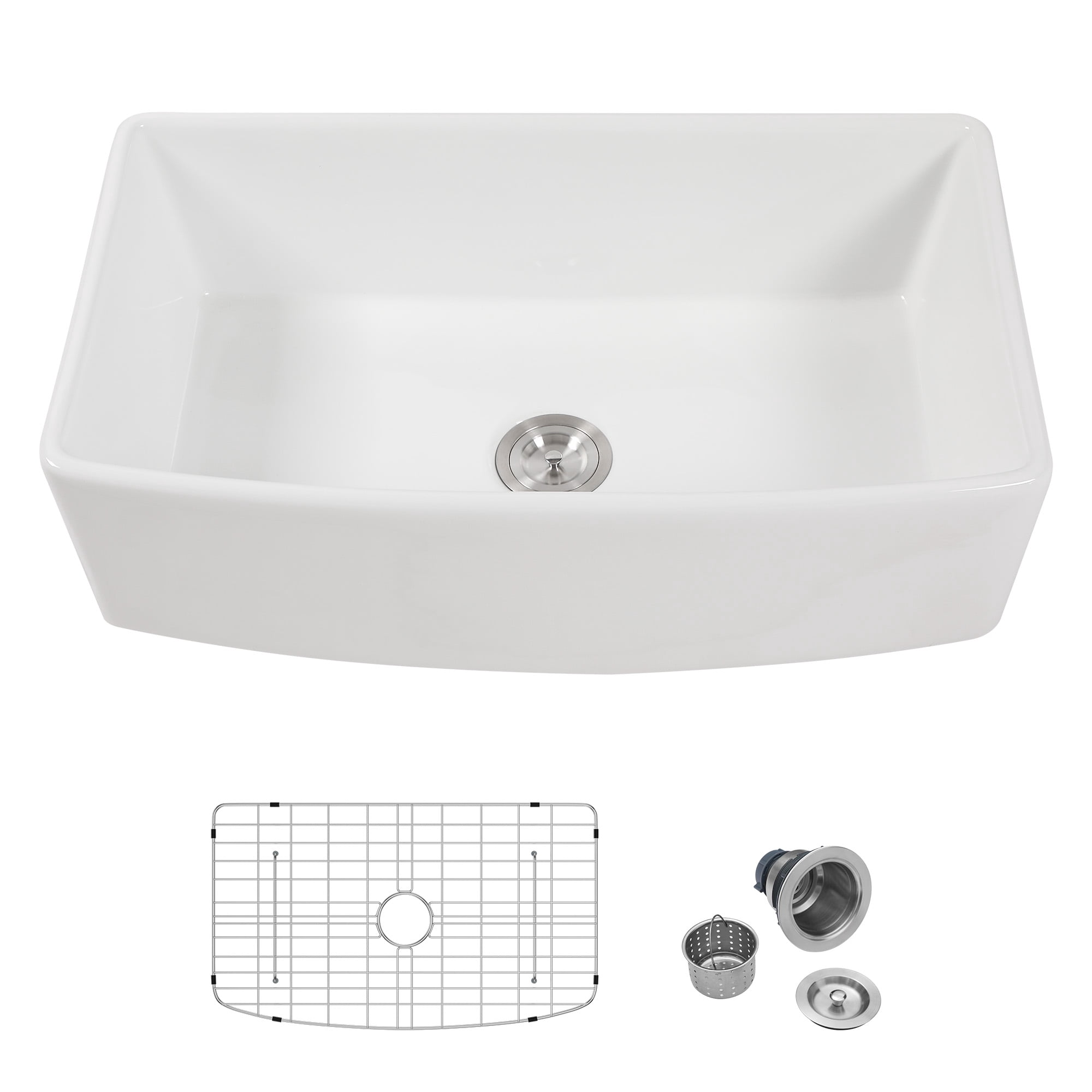 33"x19" Arc-shaped Fireclay/Creamic Single Bowl Farmhouse Apron Kitchen Sink with Bottom Grid and Drain Strainer