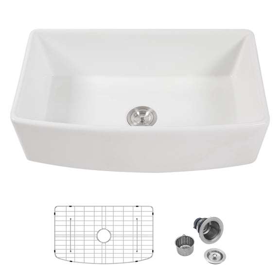 33"x19" Arc-shaped Fireclay/Creamic Single Bowl Farmhouse Apron Kitchen Sink with Bottom Grid and Drain Strainer