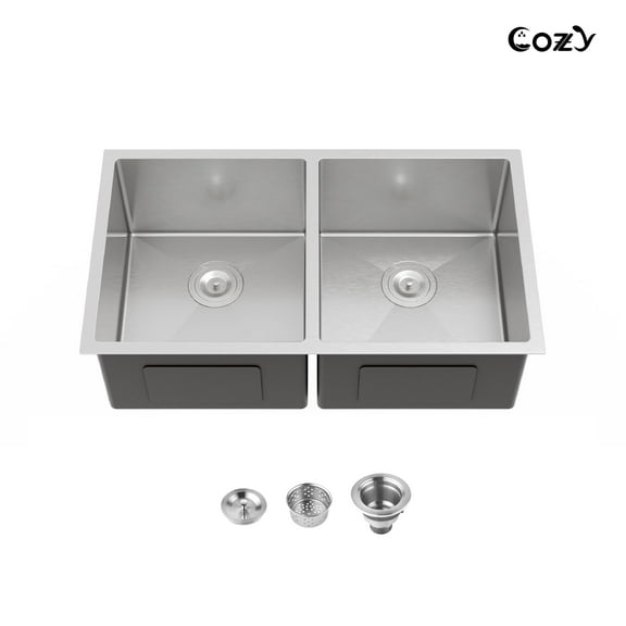 33″x19″ Stainless Steel Kitchen Sink, Double Bowl in Brushed Nickel, Undermount Handmade Sink, with US Standard Drain and Hook, SSBR19-08