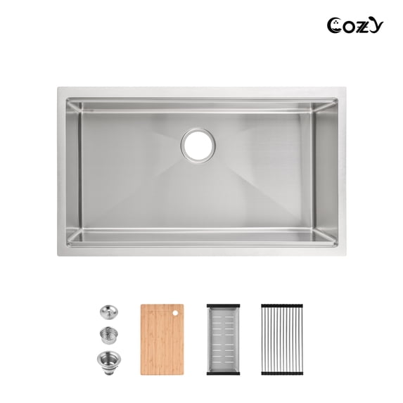 33″x19″ Stainless Steel Kitchen Sink, Single Bowl, Undermount Handmade Sink in Brushed, with Cutting Board, Colander, SS-BR07D-331908