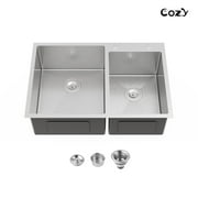 33″x22″ Stainless Steel Kitchen Sink, Double Bowl in Brushed Nickel, Overmount Handmade Sink, with US Standard Drain and Hook, SSBR18-08