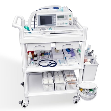 330 LBS Max Load Mobile Medical Carts, 3 Tier Rolling Crash Cart, Medical Utility Cart with Wheels, Bucket, Dirt Bucket for Emergency Room Supplies