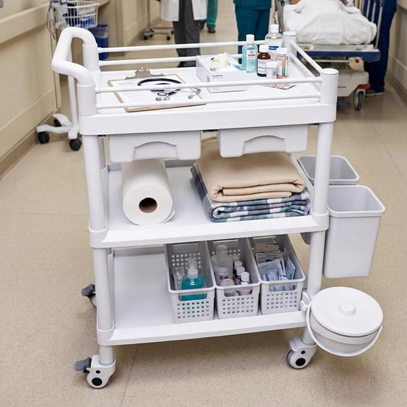 330 LBS Max Load Rolling Utility Cart, 3 Tier Beauty Trolley Cart, Professional Utility Cart with 360 Rotate Silent Wheels, Sharps Box, Dirt Bucket for Mobile Salon Services