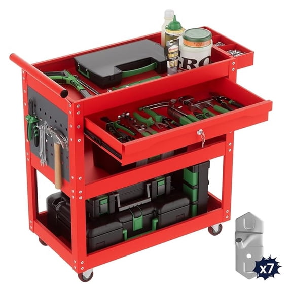 330 LBS Rolling Tool Cart with 1 Drawer & 3 Shelves | Heavy Duty Mechanic Cart Includes 7 , 2 Pegboards & Screw Organizer | Metal Service Cart for Garage Workshop (Red, 1 Pack)