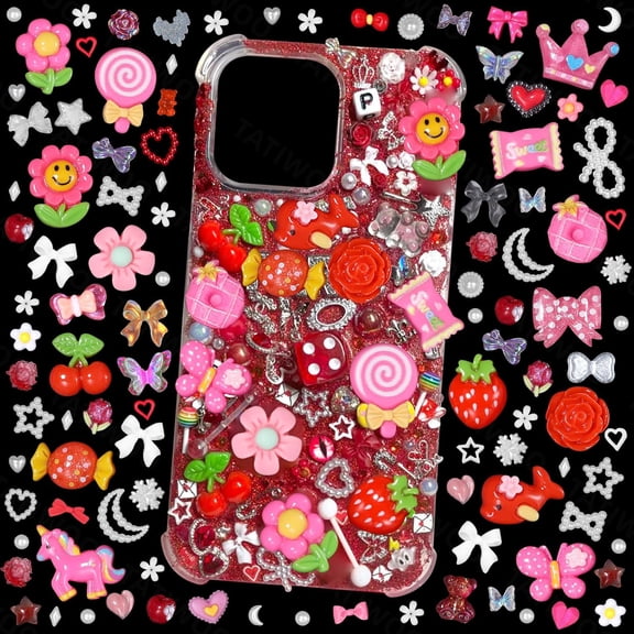 330 Pcs Junk Case Charms Kit, Charms for Junk Case, Junk Charms for Cases, Junk Phone Case Charms, Junk Case Kit Red Flower Bulk Mixed Slime Charms, Junk Nail Charms, Cute Charms(S5-Red Flower)