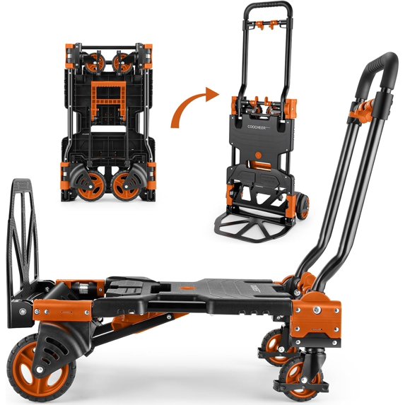 330 lb folding hand truck heavy duty搬运, convertible four wheel and two wheel hand truck, with telescoping handle, for moving office cart (orange)