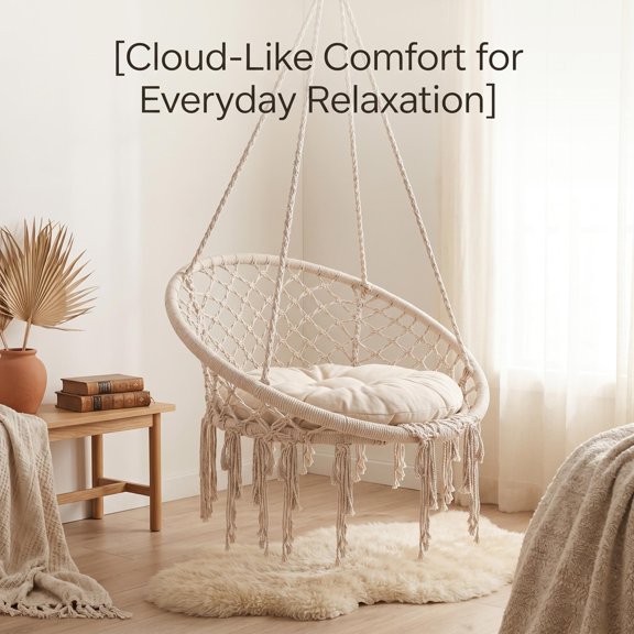 330 lbs Capacity Hand-woven Cotton Rope Net Hanging Chair, Swing Chair with Sturdy Metal Rings, Macrame Hanging Swing Chair for Outdoor Balcony