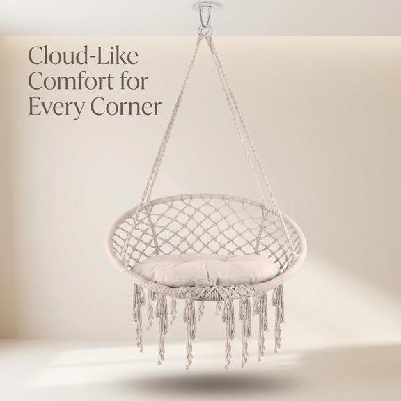 330 lbs Capacity Hand-woven Cotton Rope Net Hanging Chair, Swing Chair with Sturdy Metal Rings, Macrame Hanging Swing Chair for Outdoor Balcony
