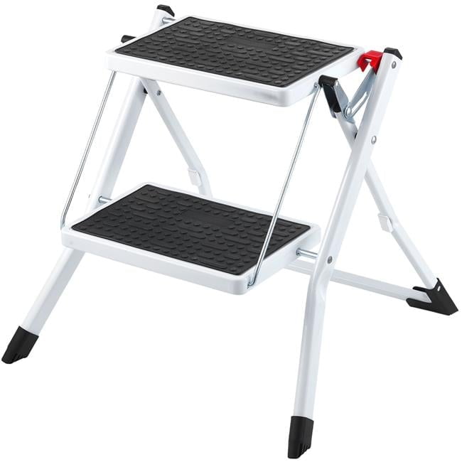 White Foldable 2-Step Steel Ladder with Anti-Slip Pedals