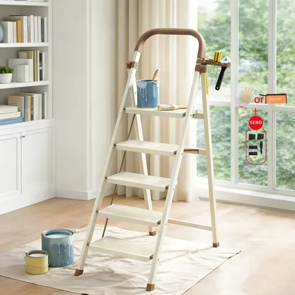 330 lbs Heavy Duty Folding Step Ladder, 5 Step Stool with Wide Anti-Slip Steps and Handrail, Portable Space Saving Ladder for Home, Kitchen, Office and Household Use