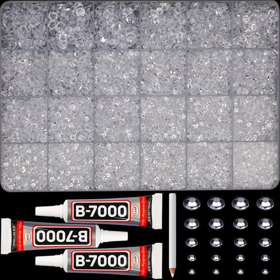33000Pcs Transparent Rhinestones for Bedazzling, Assorted Sizes 2-6mm Flatback Gems Bedazzle Set with B7000 Glue, Flat Back Resin Crystal Diamond Rhine Stone Gemstone Jewel for Crafts Clothes