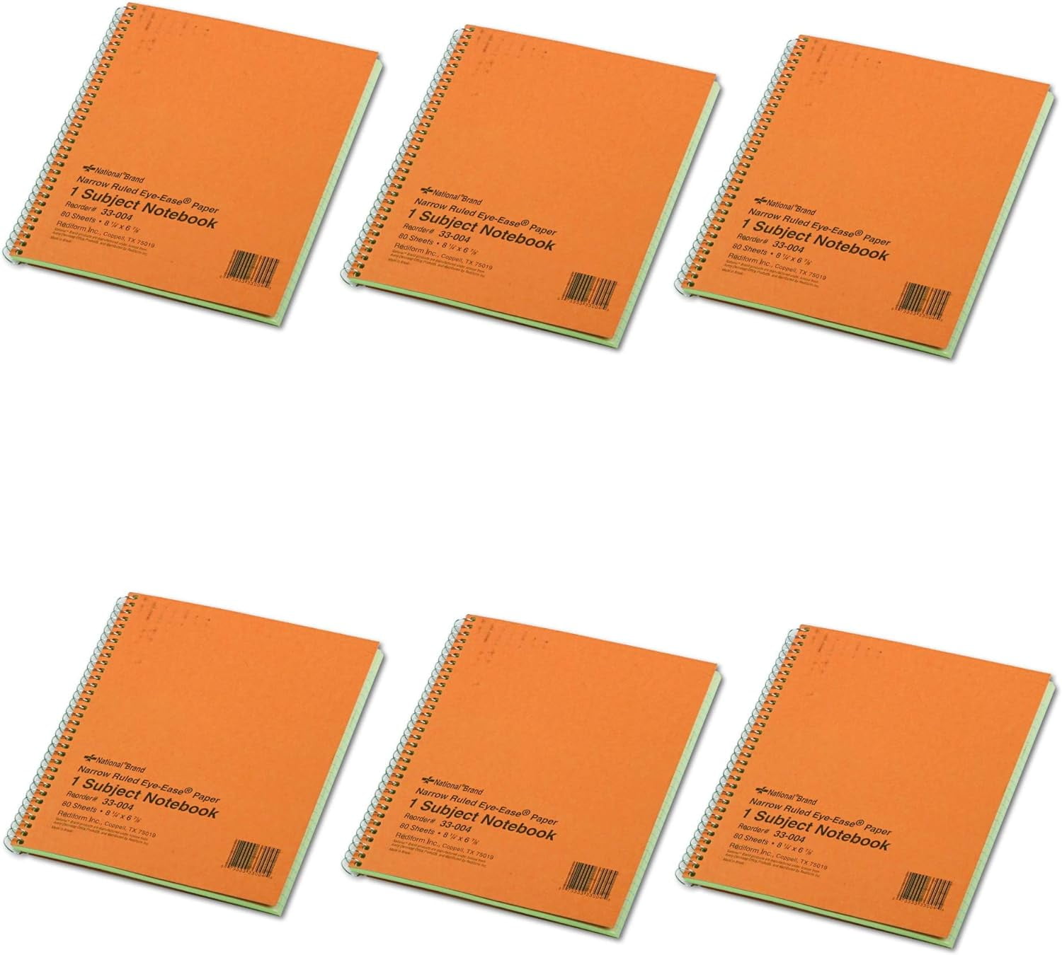 33004 Subject Wirebound Notebook, Narrow Rule, 8 1/4 x 6 7/8, Green, 80 , 6 Pack
