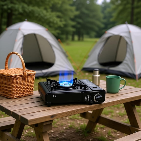 3300W Portable Butane Camping Stove 8000BTU Dual Fuel Burner Piezo Ignition Automatic Tank Ejection Overpressure Cut Off Detachable Bearing Tray for Camping Hiking Picnic Fishing BBQ Outdoor Cooking