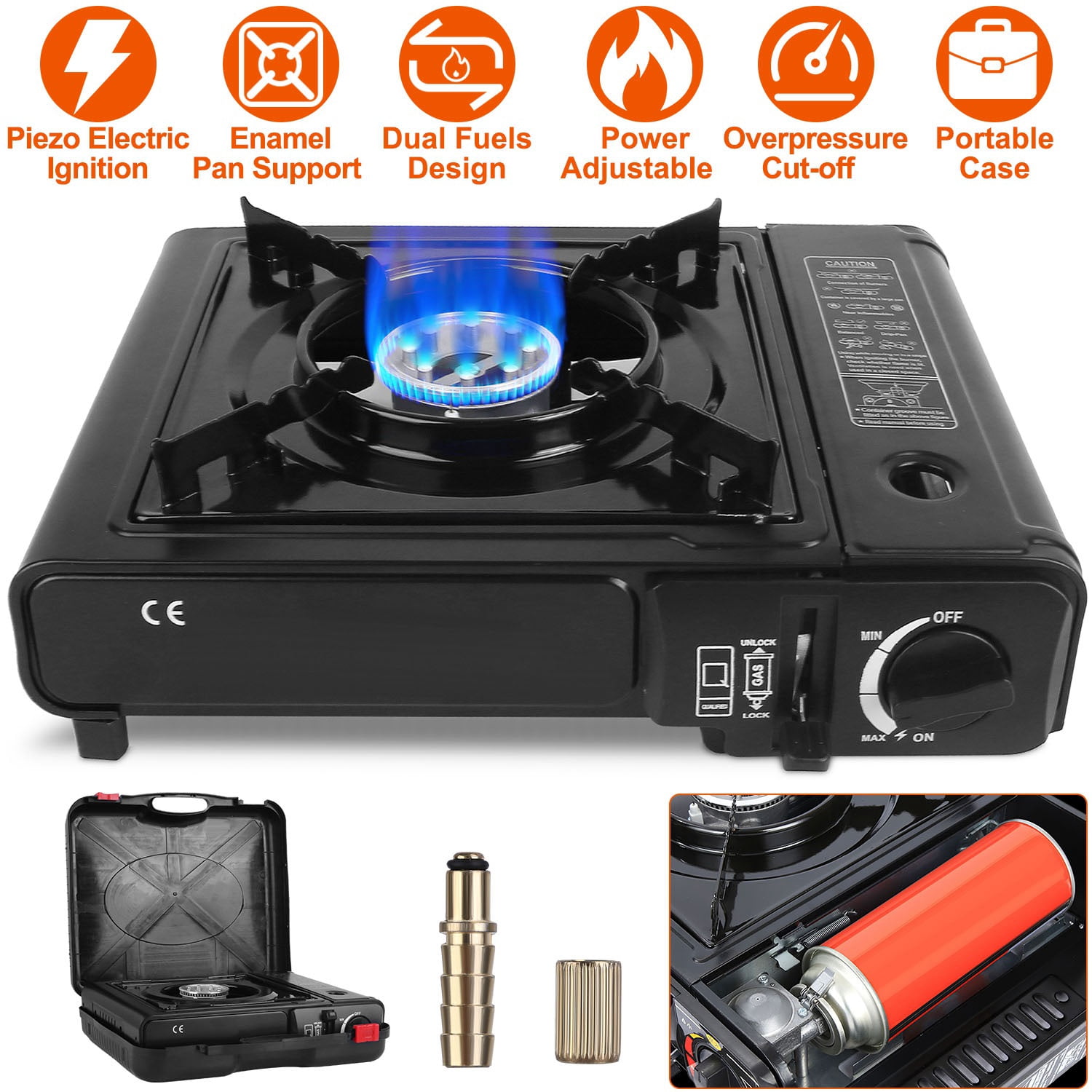 3300W Portable Dual Fuel Gas Stove, Piezo Electric Ignition Butane/Propane Camp Stove with Safety Auto-Eject, Lightweight with Storage Case for Camping, Outdoor Cooking