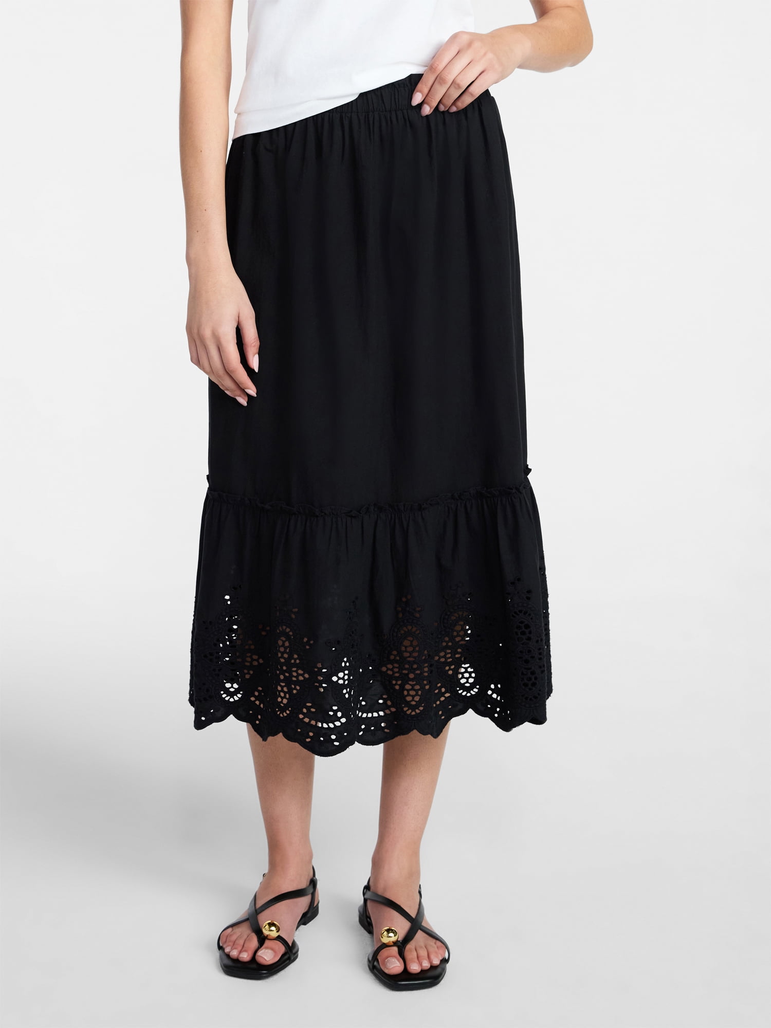 Time and Tru Women's Cotton Eyelet Hem Midi Skirt, Sizes XS-XXXL