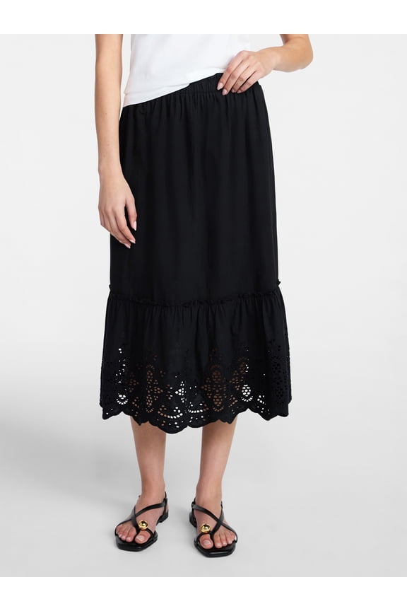 Women's Cotton Eyelet Hem Midi Skirt, Sizes XS-XXXL