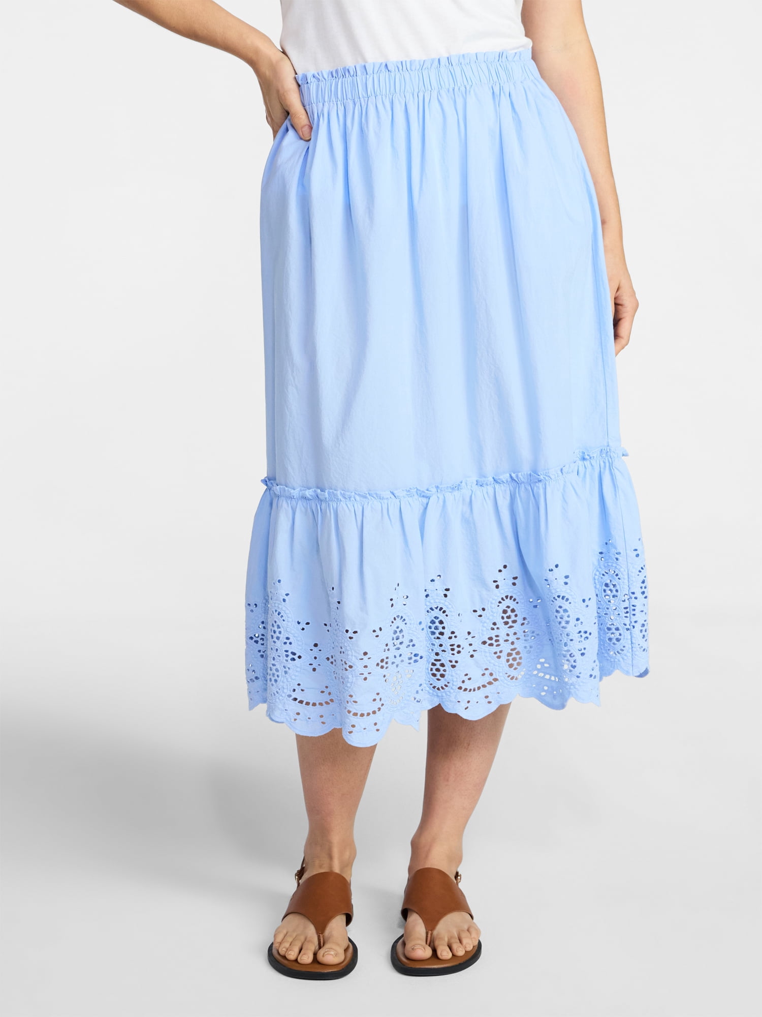 Time and Tru Women's Cotton Eyelet Hem Midi Skirt, Sizes XS-XXXL