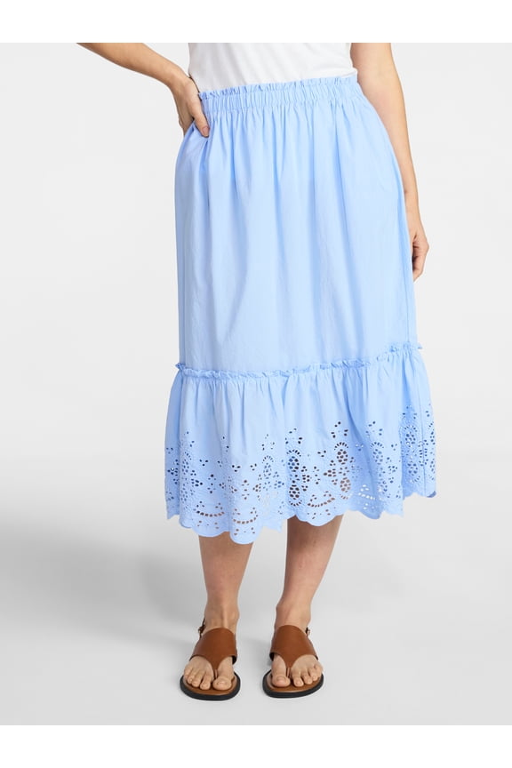 Women's Cotton Eyelet Hem Midi Skirt, Sizes XS-XXXL