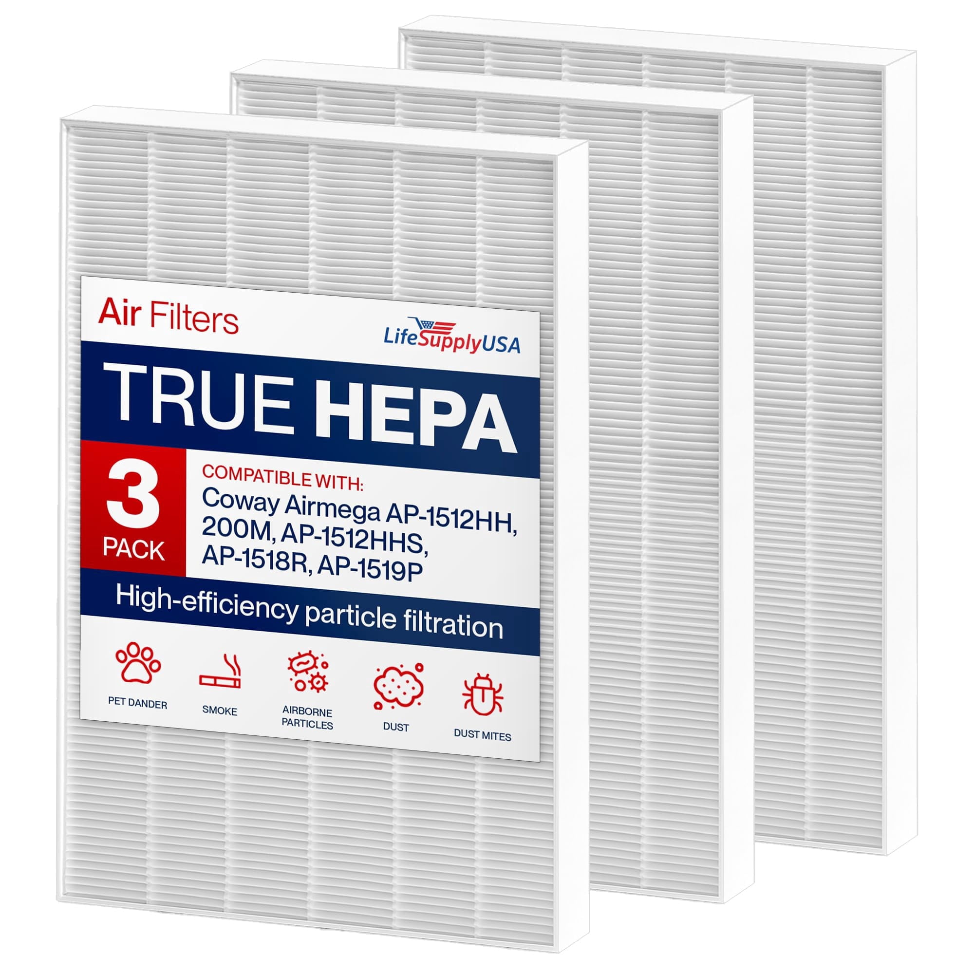 3304899 True Hepa Filter Replacement Compatible with Coway Airmega AP-1512HH, 200M, AP-1512HHS, AP-1518R, AP-1519P -True HEPA + Activated Carbon Filters by LifeSupplyUSA (3-Pack)