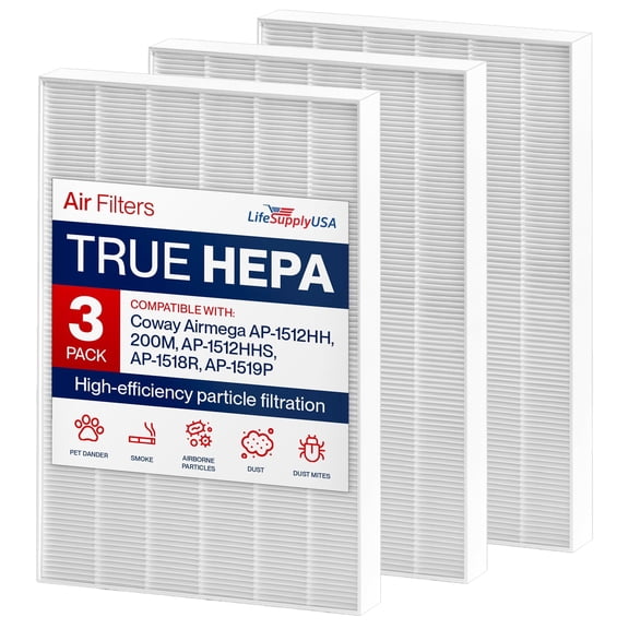 3304899 True Hepa Filter Replacement Compatible with Coway Airmega AP-1512HH, 200M, AP-1512HHS, AP-1518R, AP-1519P -True HEPA + Activated Carbon Filters by LifeSupplyUSA (3-Pack)