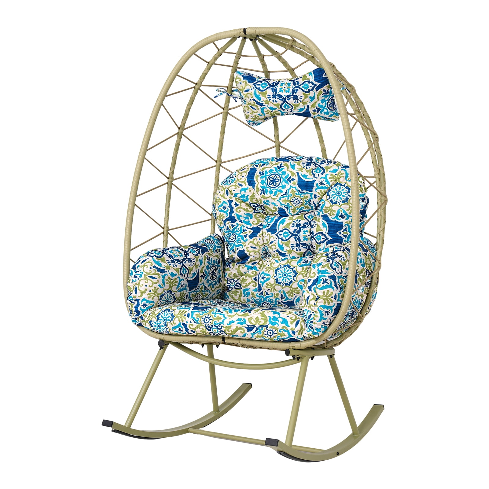 330LBS Foldable PE Wicker Egg Rocking Chair, Cocoon Lounge Rocker with Thick Cushion & Pillow, Weather Resistant Rattan Single Chair for Patio Balcony Bedroom Living Room Indoor Outdoor