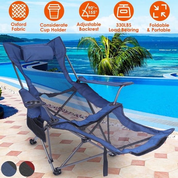 330lbs Load Foldable Camping Chair, Moclever Heavy Duty Steel Portable Reclining Chair with Reclining Backrest Angle Cup Holder Pillow, Blue