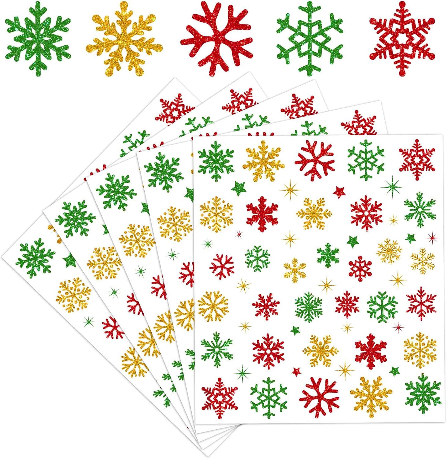 330Pcs Winter Christmas Stickers Glitter Red Green Gold Snowflake Self-Adhesive Decals for Xmas Home Party DIY Crafts Supplies, 10 Sheets