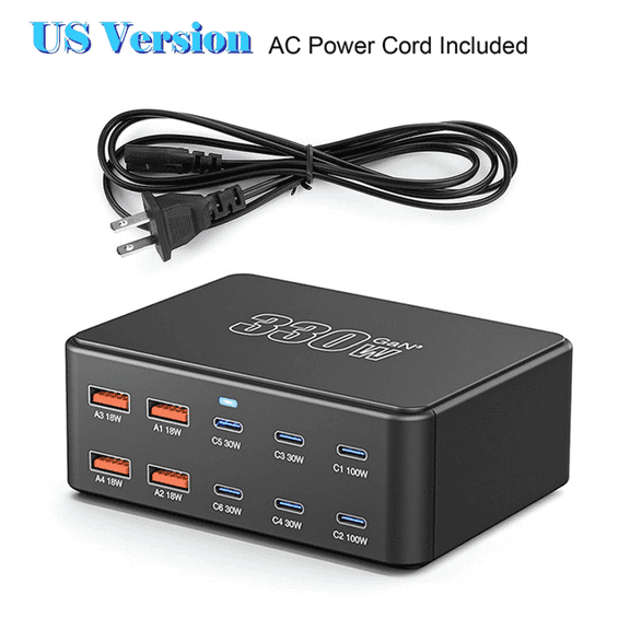 330W GaN 10 Port USB C Charging Station 100W PD QC3.0 Fast Wall Charger Hub for Laptop MacBook Dell iPhone Samsung Phone Tablet Smartwatch