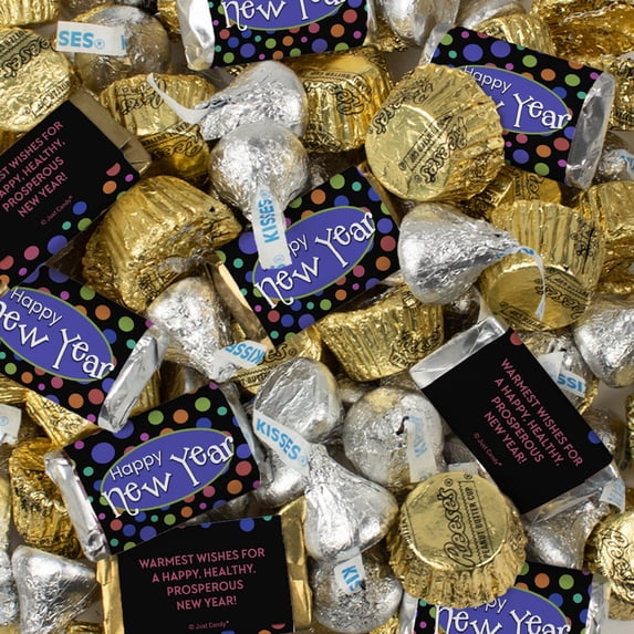 330ct Happy New Year Assorted Chocolate Candy Mix - Miniatures, Kisses & Mini Peanut Butter Cups