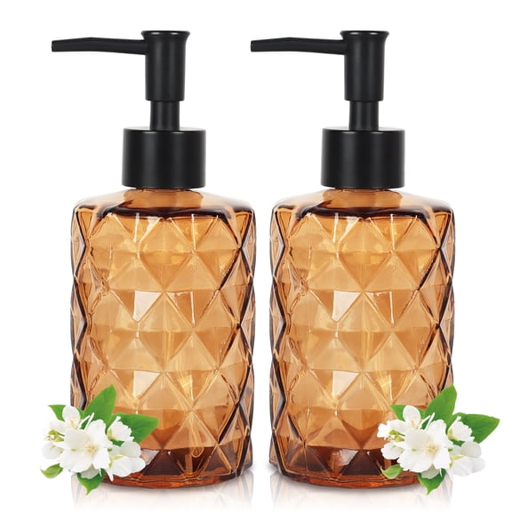 330ml Tawny Glass Soap Dispenser, Diamond-Cut Anti-Slip Surface, Refillable Pump Bottle for Hand Soap, Lotion, Essential Oil, Bathroom & Kitchen Decor Gift Idea