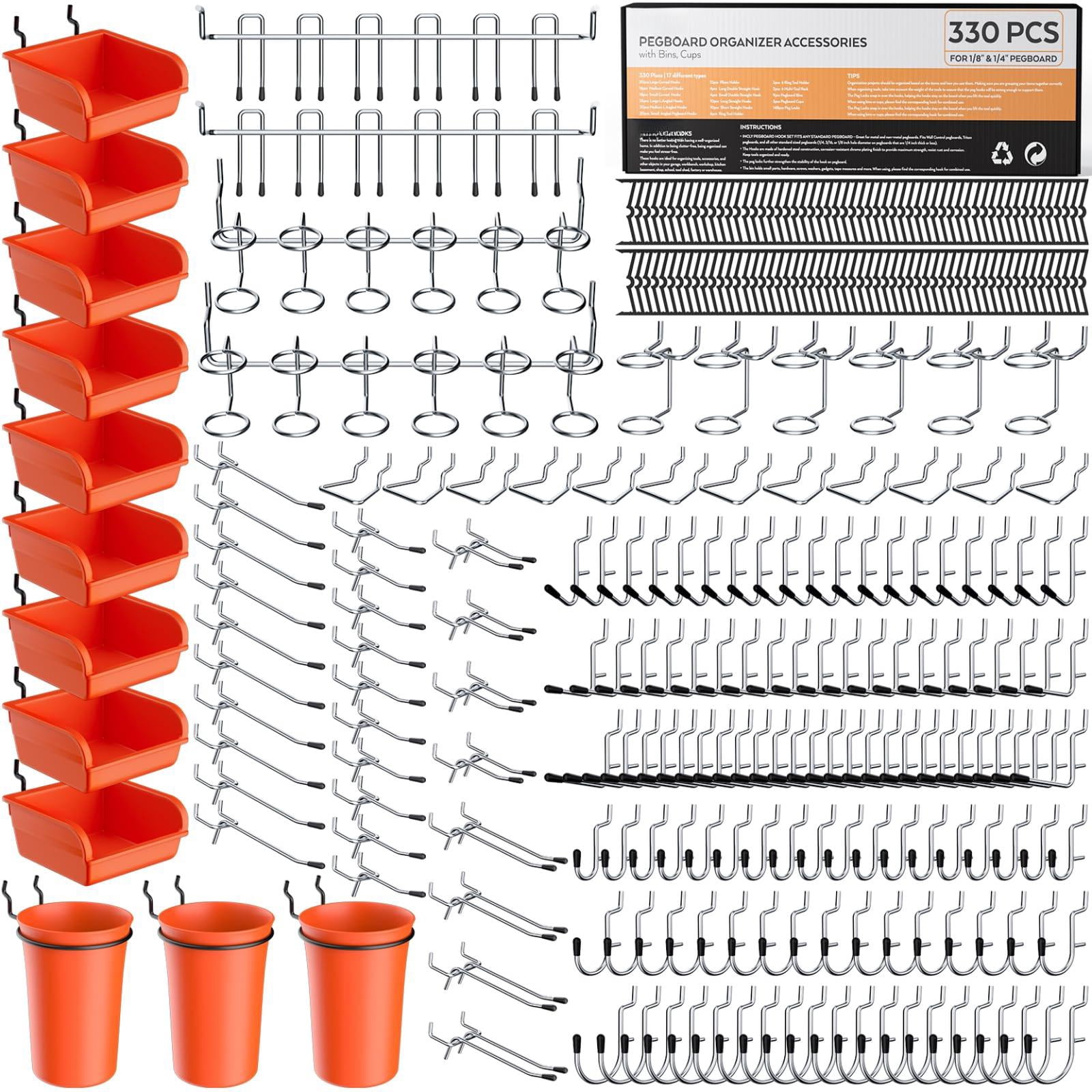 330pcs Upgraded Pegboard Accessories Organizer Kit  Peg Board Hooks Assortment With Bins & Cups For Organizing Tools Fit 1/8 Or 1/4 Inch Garage Workshop Wall Hanging