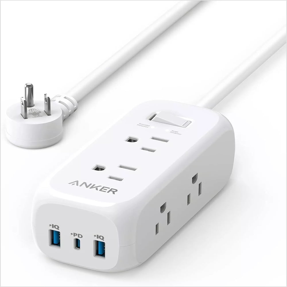 Compact White USB-C Power Strip with 6 Outlets