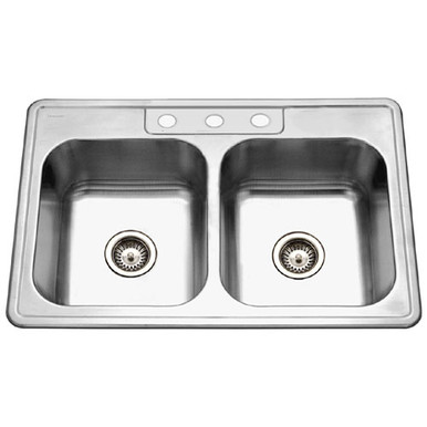Houzer Glowtone 33 in Stainless Steel Topmount 3-hole 50/50 Double Bowl 8 in Deep Kitchen Sink - 3322-8BS3-1