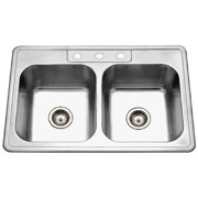3322-8BS3-1 33" x 22" Houzer Glowtone 33" Stainless Steel Drop-in Topmount 3-hole 50/50 Double Bowl 8" Deep Kitchen Sink