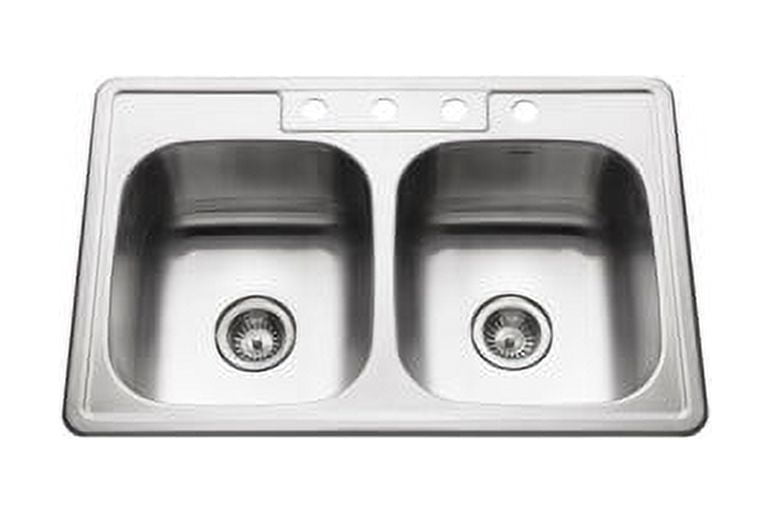 Houzer Glowtone 33 in Stainless Steel Topmount 4-hole 50/50 Double Bowl 9 in Deep Kitchen Sink - 3322-9BS4-1