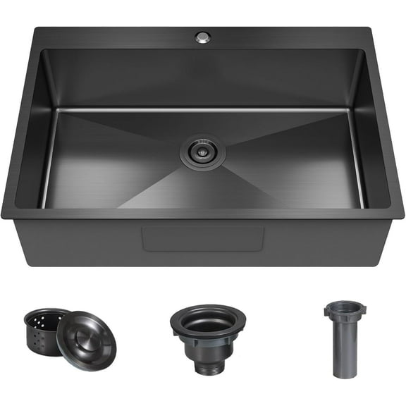 33 x 22 Inch Black Stainless Steel Single Bowl Kitchen Sink, Drop-In Topmount, 18 Gauge, with Bottom Grid and Drain Strainer Set