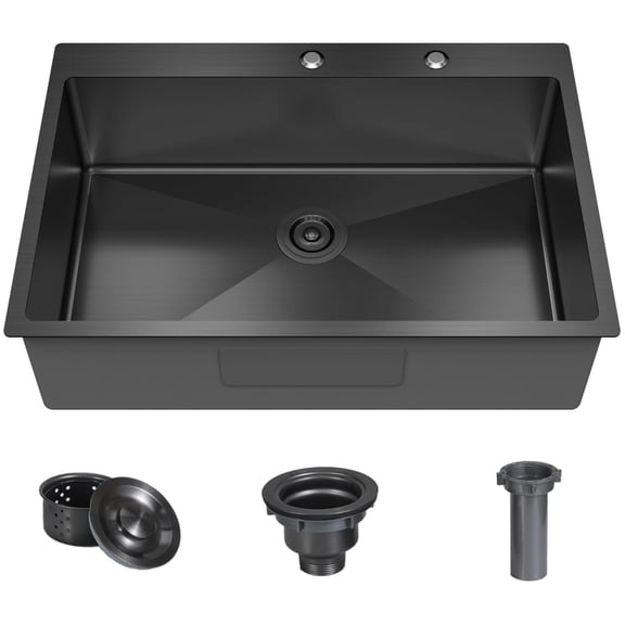 33 x 22 Inch Black Stainless Steel Single Bowl Kitchen Sink, Drop-In Topmount, 18 Gauge, with Bottom Grid and Drain Strainer Set