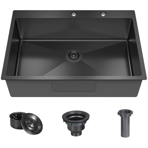 33 x 22 Inch Black Stainless Steel Single Bowl Kitchen Sink, Drop-In Topmount, 18 Gauge, with Bottom Grid and Drain Strainer Set