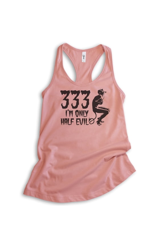 333 I'm Only Half Evil Tank Top, Ladies Racerback Tank Top, Halloween Tank, Devil Graphic Tee, Devil Tank, Desert Pink, X-Large